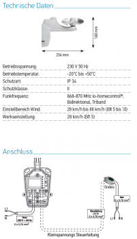 Preview: Funk-Windsensor, Eolis io 230 V bis 88 km/h mit Regenoption