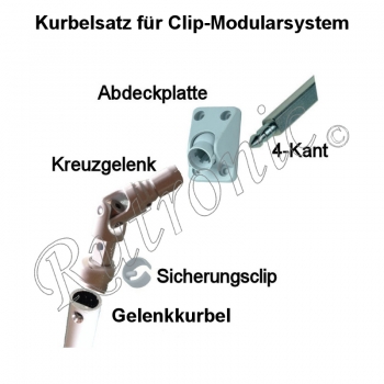 Kreuzgelenk zu Alu- Kurbel mit Clip- Anschluss (4-Kant Einsatz 8mm)